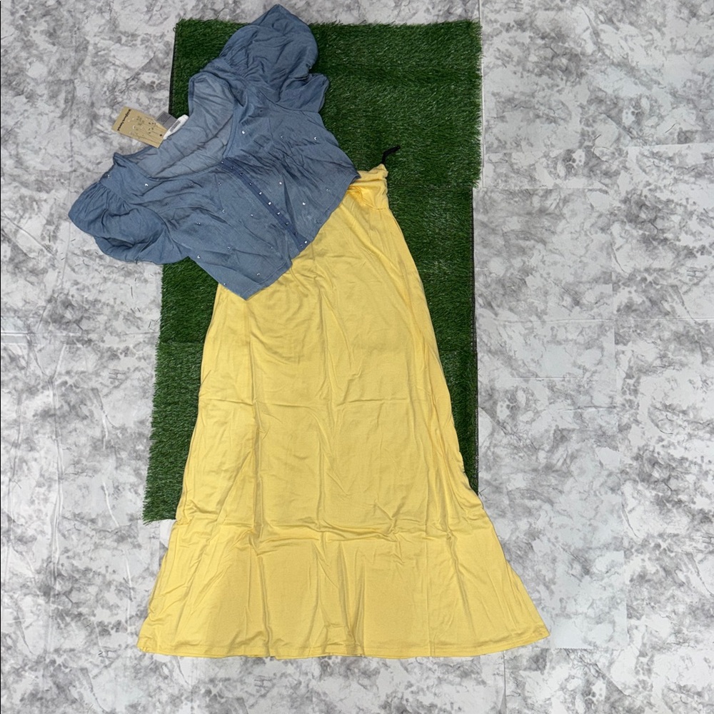 Wildflowers Blue Crop Top pair with a longer yellow light weight skirt